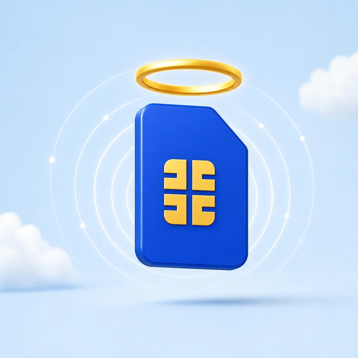 Een blauwe HolySim eSIM met een gouden chip en halo, omringd door subtiele verbindingsringen.